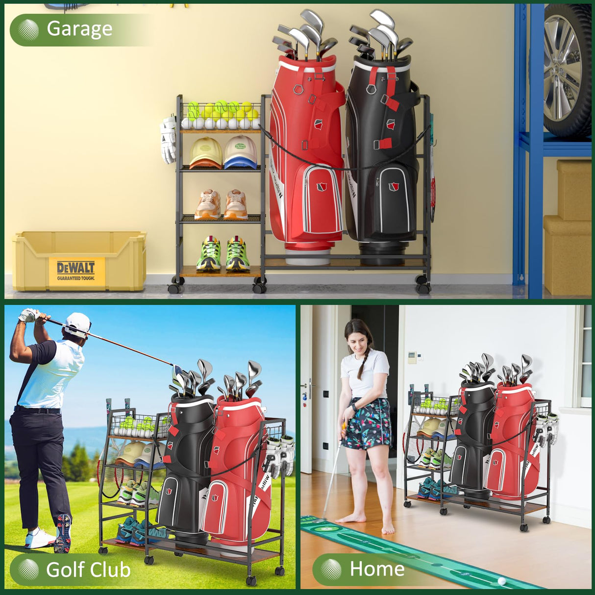 Golf Bag Storage Rack for Garage with Wheels, Organizer for 2 Golf Bag and Equipment Accessories, Golf Organizer Stand Ideal for Home, Garage, Club, Shed, Basement - Sturdy and Durable (Black) DAOUTIME