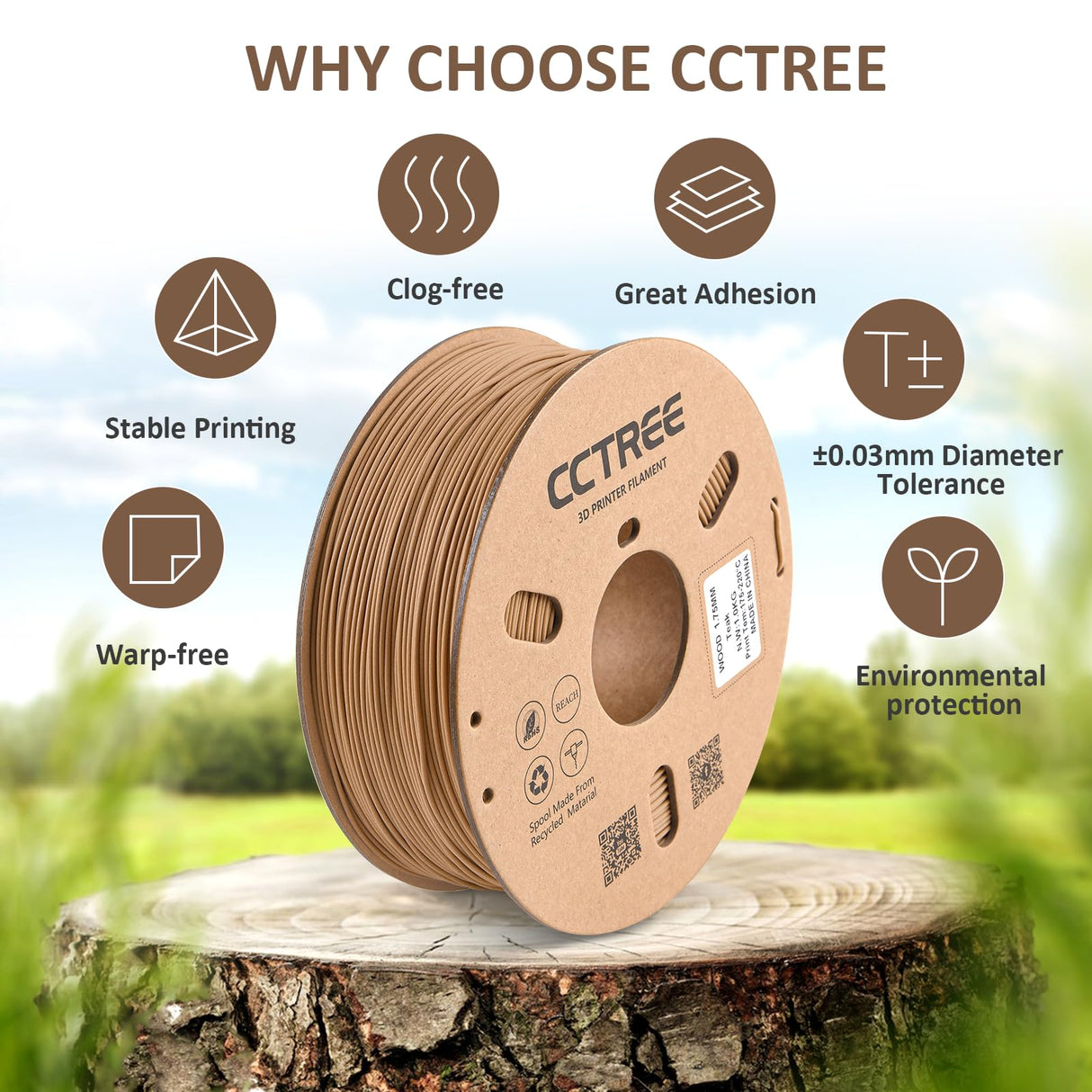 CCTREE Wood PLA Filament 1.75mm, 3D Printer PLA Plus(PLA+) with Real Wood Fiber Wood Texture Filament, Dimensional Accuracy +/- 0.02mm, 1kg Spool(2.2lbs), Fit Most FDM 3D Printers, Wood Teak CCTREE