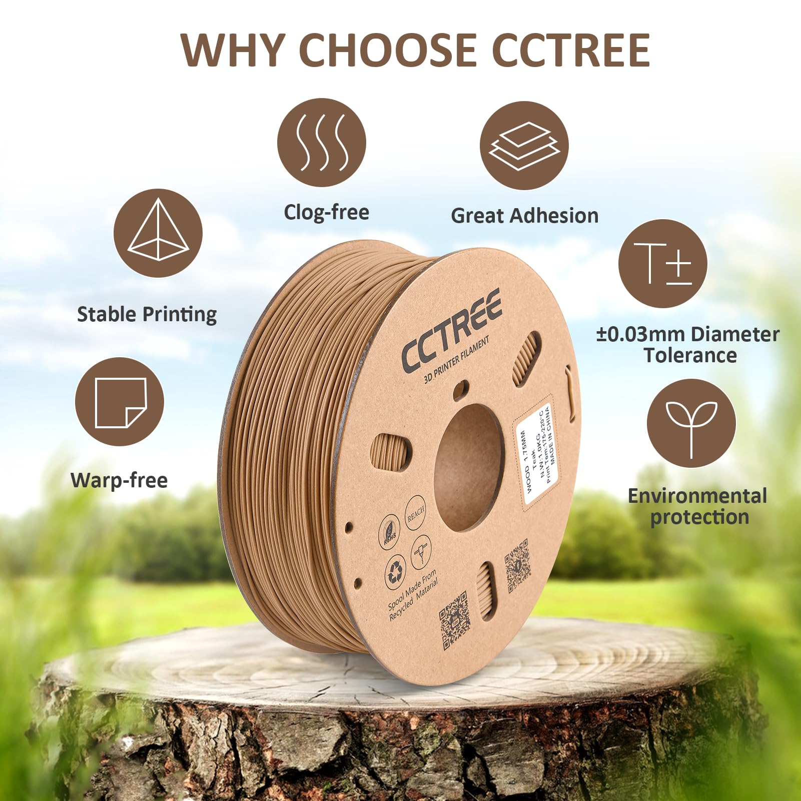 CCTREE Wood PLA Filament 1.75mm, 3D Printer PLA Plus(PLA+) with Real Wood Fiber Wood Texture Filament, Dimensional Accuracy +/- 0.02mm, 1kg Spool(2.2lbs), Fit Most FDM 3D Printers, Wood Teak - WoodArtSupply