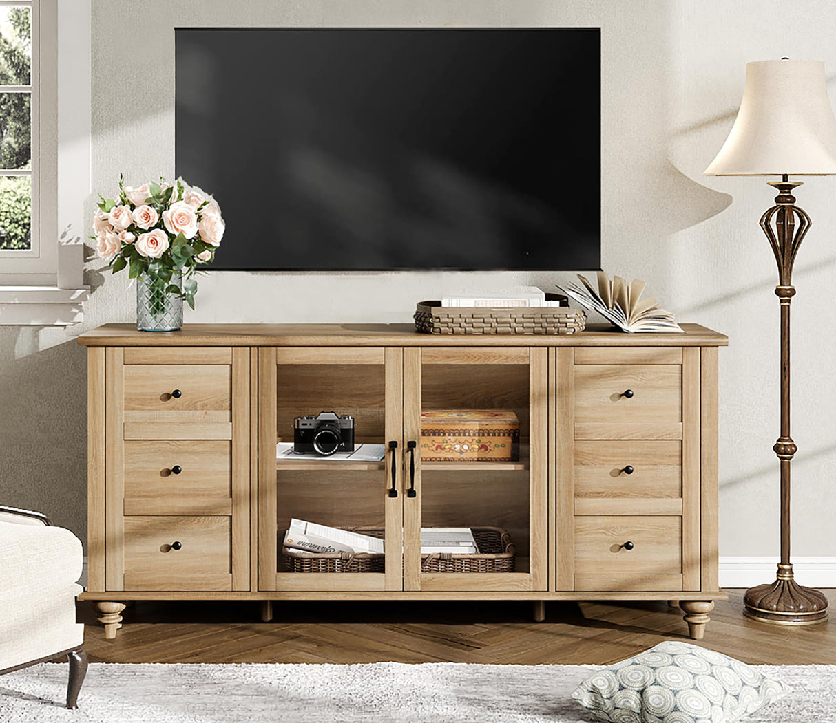 WAMPAT Sideboard Buffet Cabinets with Glass Door, Kitchen Storage Cabinets, Wood Coffee Bar Tables, Accent Sideboard Storage Cabinet Table Dining Room, Living Room,Oak WAMPAT