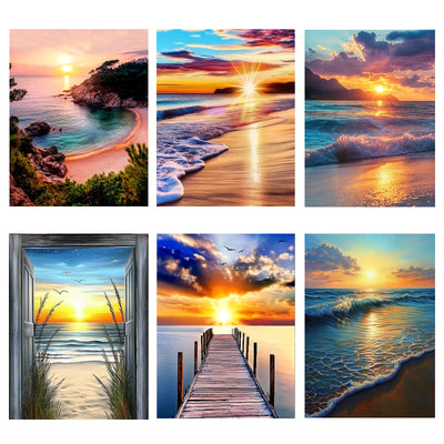 6 Pack Diamond Painting Kits for Adults Beginner, 5D Beach Diamond Art Sets, DIY Full Round Drill Sunrise Paint with Diamonds Gem Art Multi-Pack, Easy Adults Dot Gem Art for Wall Decor 12 x 16 Inch