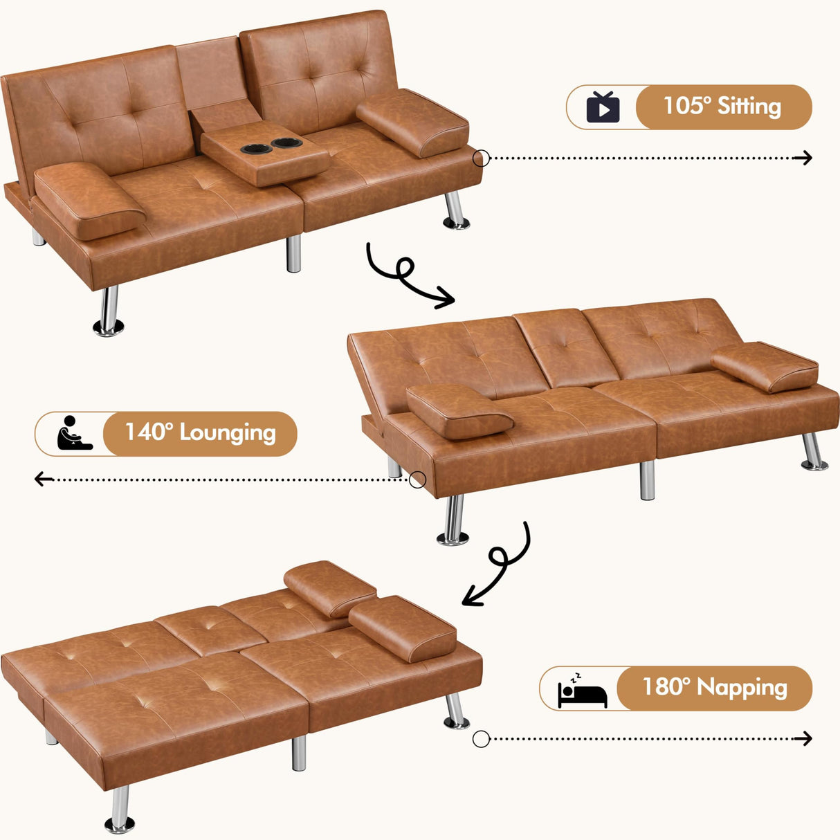 Yaheetech Convertible Sofa Bed Adjustable Couch Sleeper Modern Faux Leather Home Recliner Reversible Loveseat Folding Daybed Guest Bed, Removable Armrests, Cup Holders, 3 Angles, 772lb Capacity, Brown Yaheetech