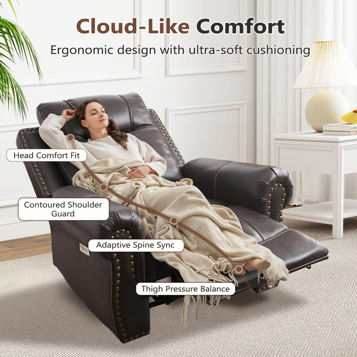 ANJ Electric Power Recliner Chair with USB Ports, Breathable Faux Leather Oversized Recliner with Comfortable Arms, Back and Headrest, Single Sofa for Living Room, Dark Brown ANJ