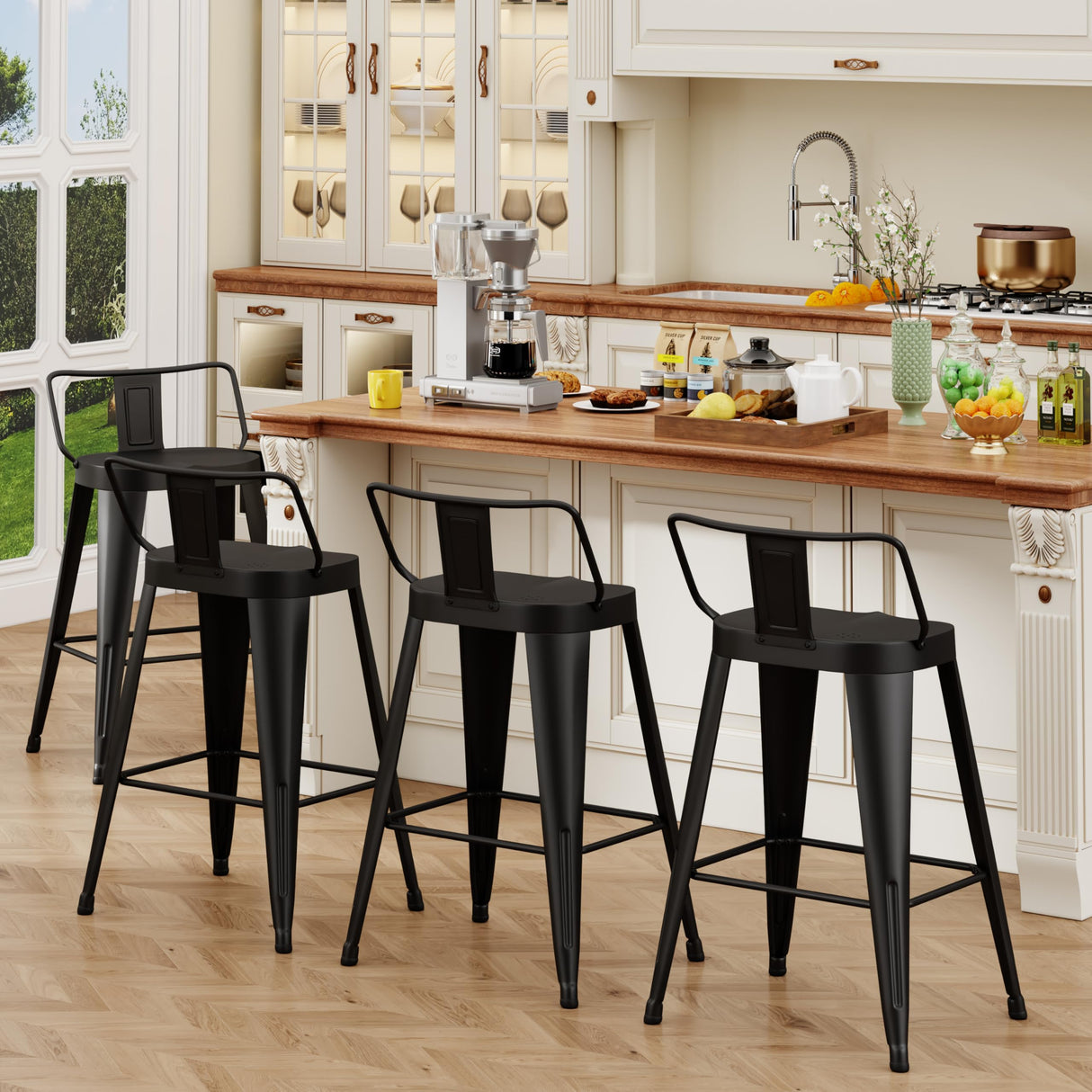 ALISH 24 Inch Bar Stools Set of 4, Industrial Metal Barstools Farmhouse Bar Chairs with Large Seat for Kitchen Island (24 Inch, Black) ALISH