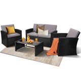 KROFEM 4 Pieces Patio Conversation Set, Outside Rattan Sectional Sofa, Cushioned Furniture Set, Wicker Sofa Ideal for Garden, Porch, Backyard, Black Color Rattan and Light Grey Cushion KROFEM