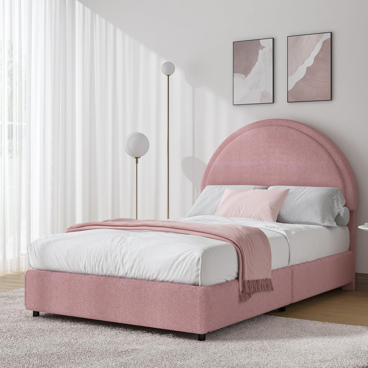 REVOMINCA Twin Size Bed Frame, Pink Twin Bed Frame, Boucle Upholstered Platform Bed Frame with Headboard, Soft Arch Shaped Round Headboard, No Box Spring Required, Easy Assembly, Pink REVOMINCA