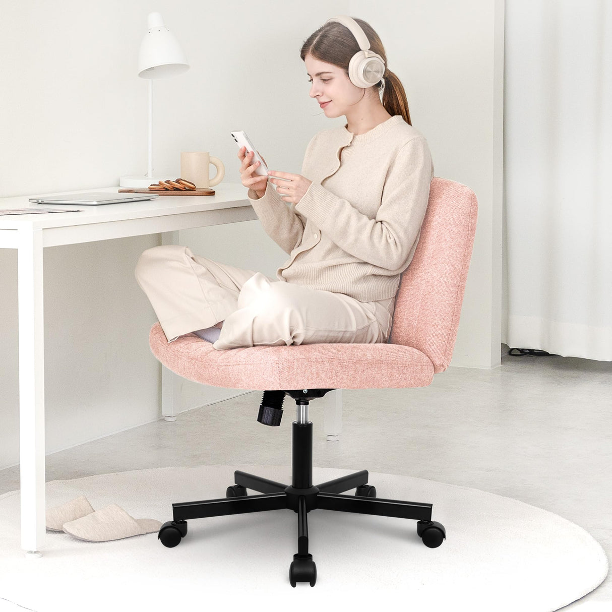 Orange Factory Criss Cross Chair with Wheels, Armless Cross Legged Office Desk Chair, Wide Comfy Vanity Rolling Swivel Modern Comfortable Fabric Computer Task Chairs for Home Office (Pink) Orange Factory