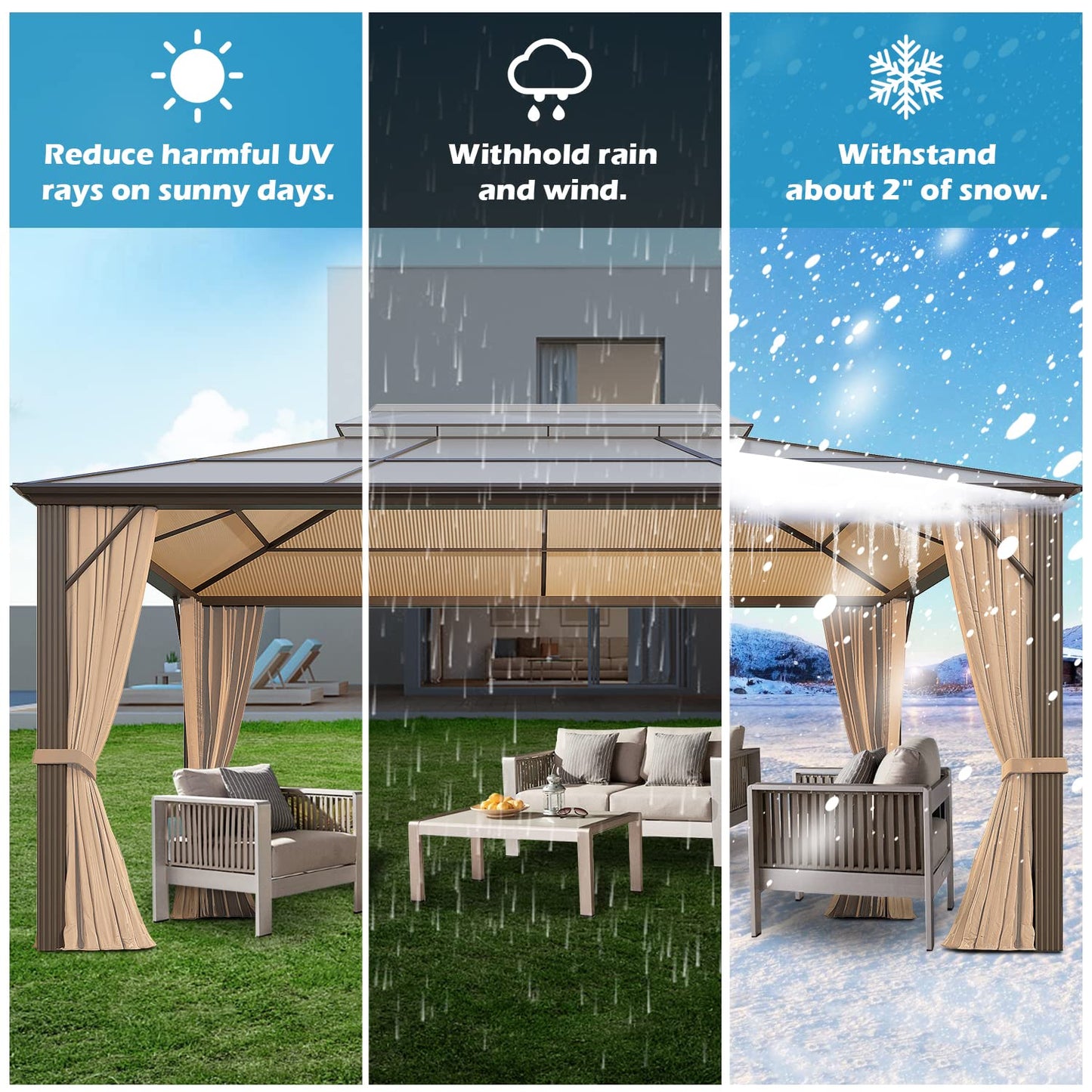 GAZEBEST 12'x16' Hardtop Gazebo Outdoor Polycarbonate Double Roof Patio Gazebo Aluminum Frame Gazebo Canopy with Netting and Curtains,for Garden Patio,Patio Backyard,Deck and Lawns