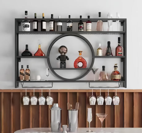 HFTUW 47 Inch Metal Wall Mounted Wine Rack, 3-Tier Bar Shelf with Glass Holder, Modern Large Capacity Liquor Bottle Display Shelf for Home Bar, Dining Room & Kitchen, Black HFTUW