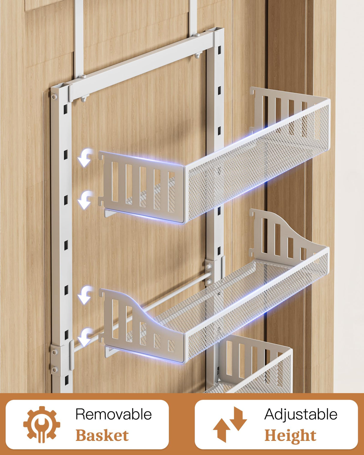 Over the Door Pantry Organizer 8-Tier, Large Metal Door Spice Rack with Adjustable Basket, 2 in 1 Wall Mount or Hanging Heavy-Duty Pantry Door Storage Shelf for Kitchen and Bathroom, White POKIPO