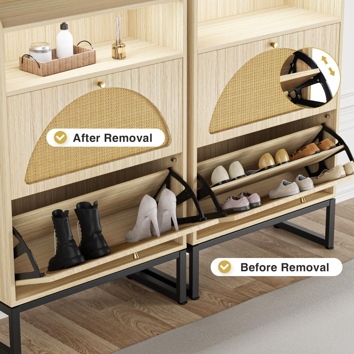 FiveWillowise Shoe Storage Cabinet, Rattan Shoe Cabinet with 2 Flip Drawers & Sensor Light for Entryway, Narrow Free Standing Shoe Racks for Entryway, Hallway, Home, Beige FiveWillowise