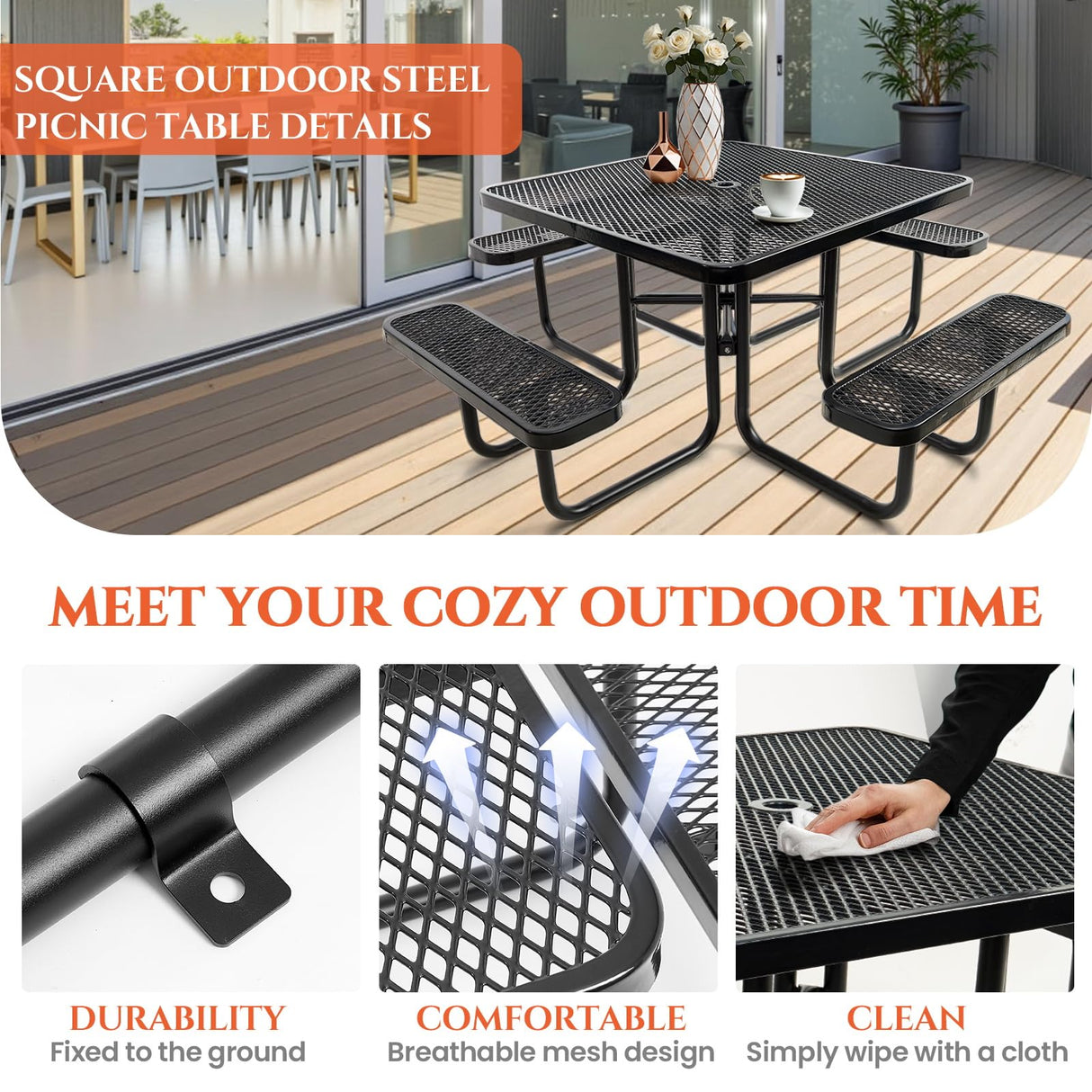 47'' Heavy-Duty Metal Picnic Tables with Umbrella Hole, Outdoor Steel Heavy Duty Commercial Grade Black Table, Outdoor Bench Set for Lawn, Patio, Park, Yard, Garden, Porch (Set A, Square) Yorkgargen