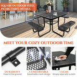 47'' Heavy-Duty Metal Picnic Tables with Umbrella Hole, Outdoor Steel Heavy Duty Commercial Grade Black Table, Outdoor Bench Set for Lawn, Patio, Park, Yard, Garden, Porch (Set A, Square) Yorkgargen
