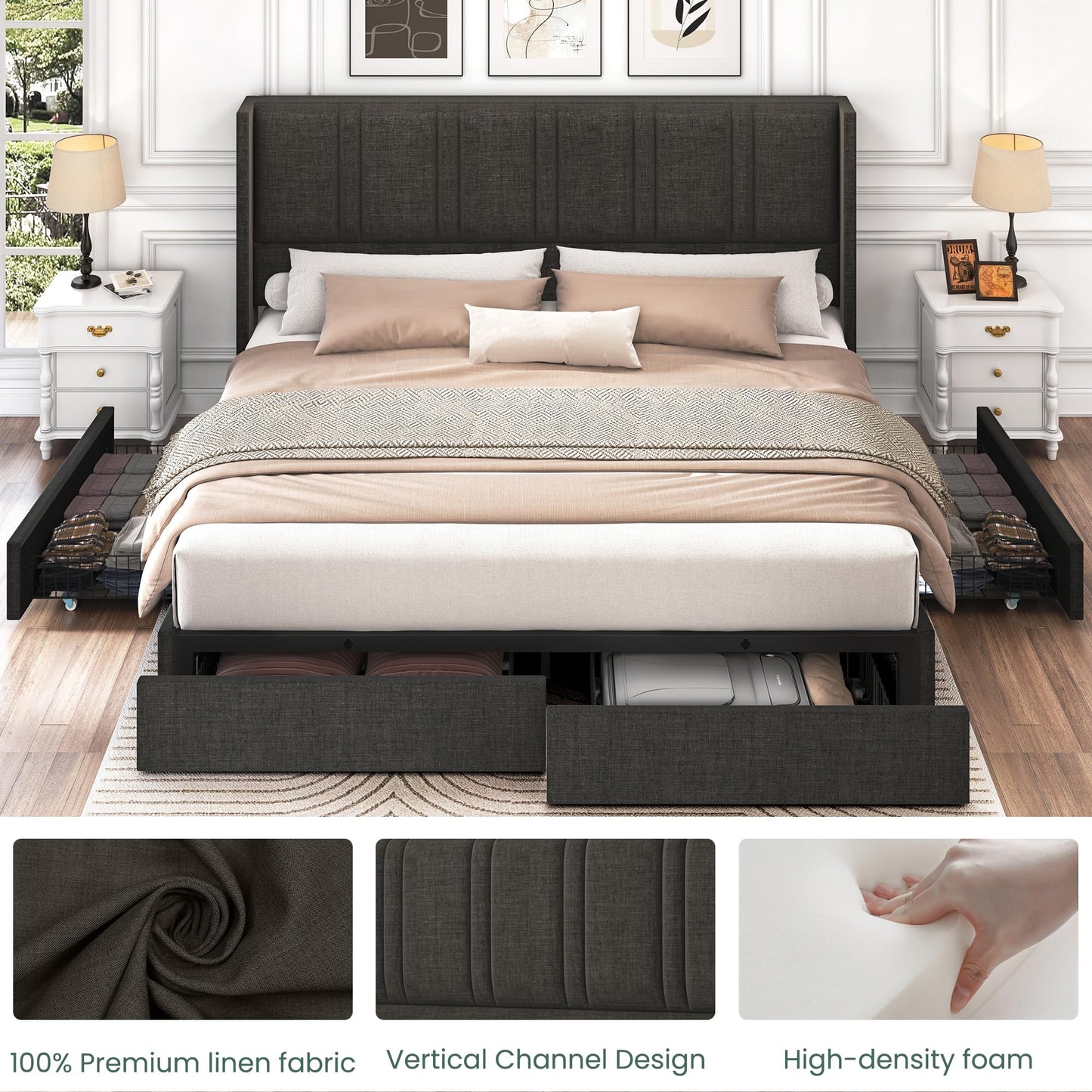 LARMACE Dark Gray Queen Size Bed Frame with 4 Storage Drawers and Elegant Tufted Headboard - WoodArtSupply