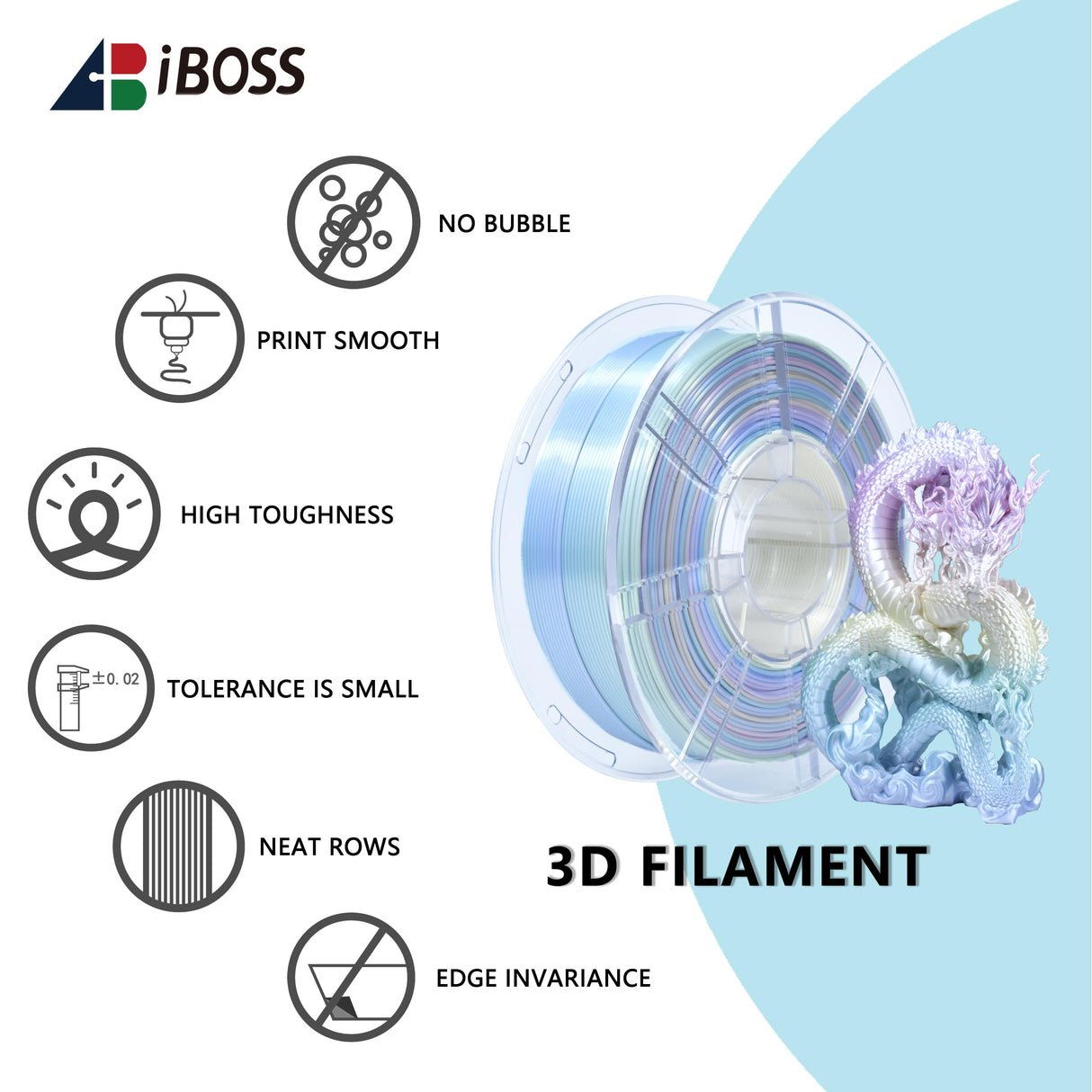 iBOSS Rainbow 3D PLA PRO Filament 1.75mm +/- 0.02 mm, 1KG Macaron Rainbow Silk PLA+ 3D Printer Filament Color Changing Rainbow Multicolor PLA+ 3D FDM Printers, Durable and Resistant PLA Plus iBOSS
