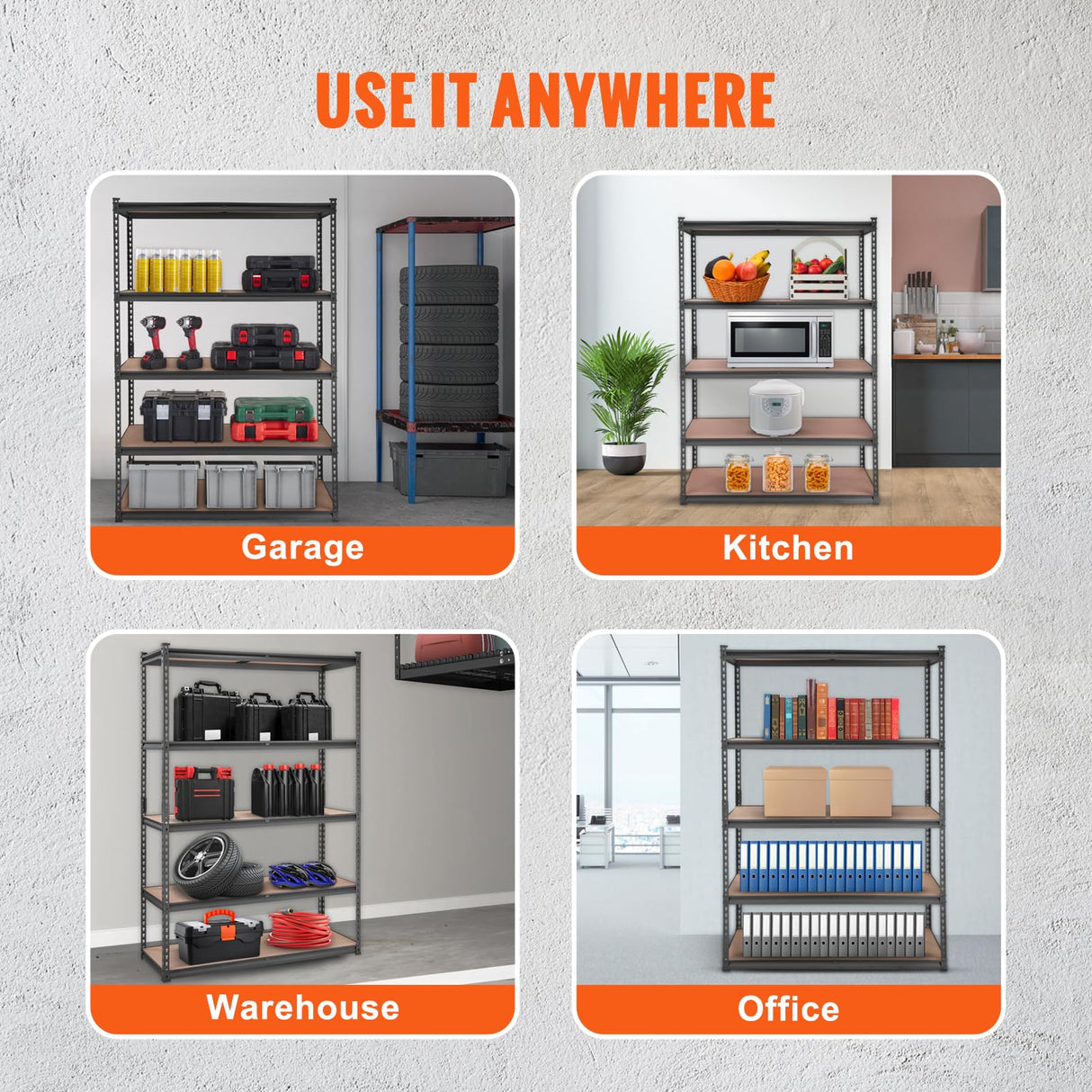 VEVOR Storage Shelving Unit, 5-Tier Adjustable Storage Shelves, 48" L x 24" W x 72" H Heavy Duty Garage Storage Shelves, Metal Shelves for Kitchen Pantry Basement Bathroom Laundry VEVOR