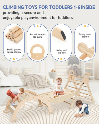 Pikler Triangle Set for Baby, Child 8 in 1 Montessori Extra Large, Climbing Toys for Toddlers 1-6 Inside with Arch, Ramp, and Foldable Climbing Triangle Indoor Playground, Wooden Toddler Climbing Toys