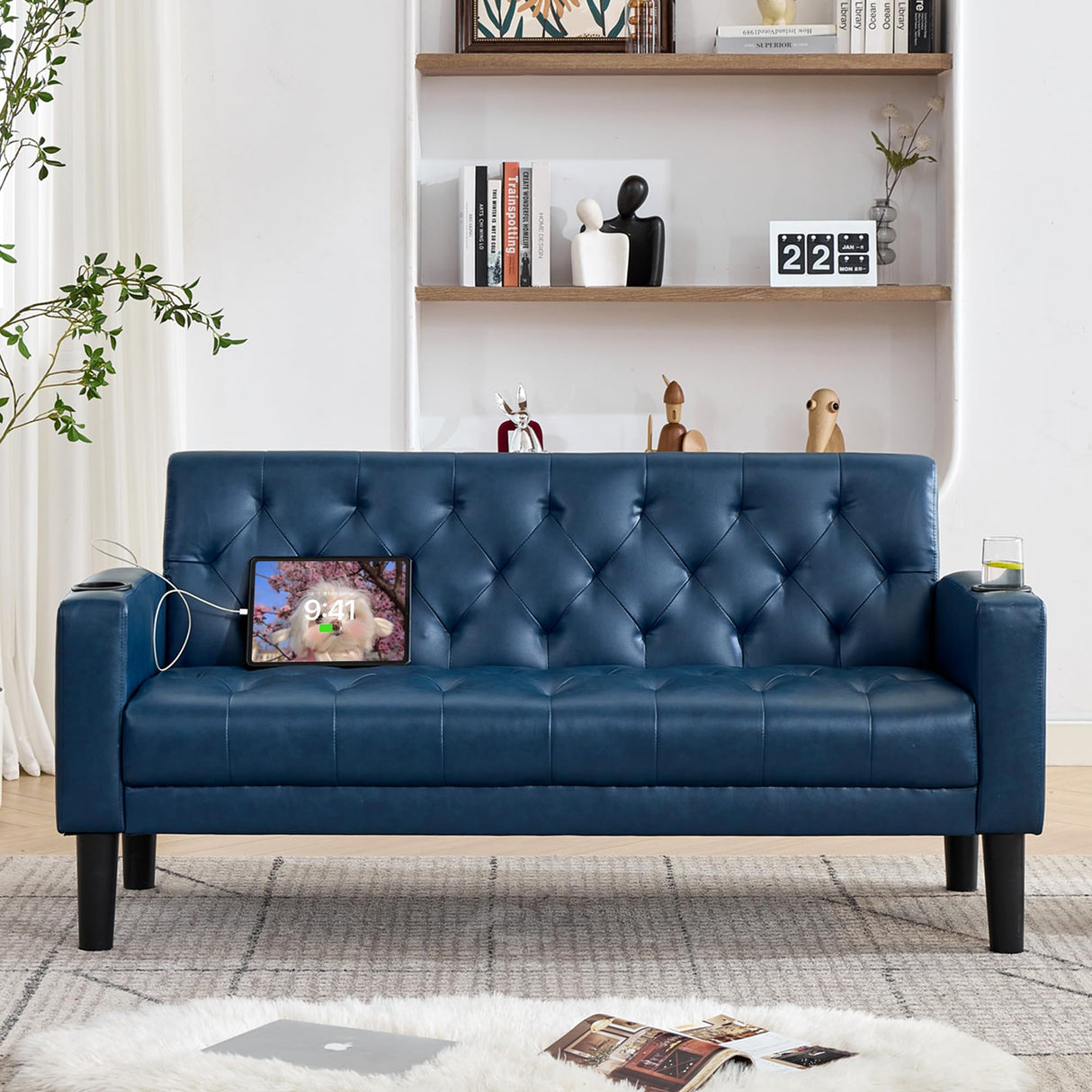 TYBOATLE 62" W Leather Loveseat w/ 2 USB and 2 Cupholders, Mid-Century Modern Tufted Small Love Seat Couches for Office, Living Room, Bedroom, Dorm (1, Blue) TYBOATLE