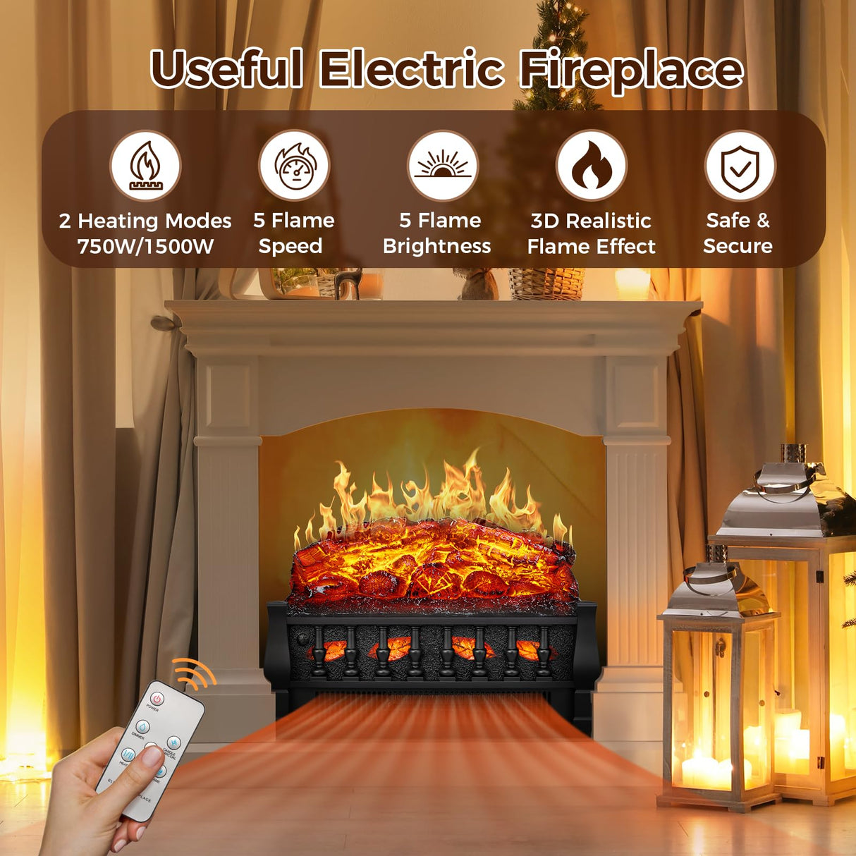 Joy Pebble Electric Fireplace Insert Log Heater 21",750W/1500W Adjustable 5 Flame Brightness,5 Speed Mode,Fireplace Insert with Realistic Ember Bed and Traditional Brown Log,Remote Control Joy Pebble