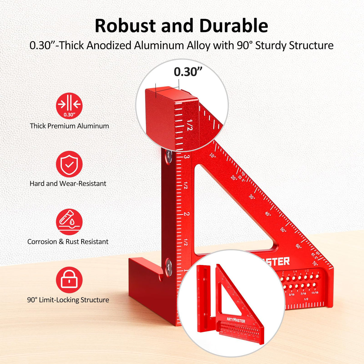 3.8＂Mini 3D Multi-Angle Measuring Square Ruler, WT102A High Precision Hole Scribing Woodworking Tools, 0-90° Aluminum Alloy Carpenter Square Wood Working Tools, Carpenter Pencils 6 Refills. ArtyMaster