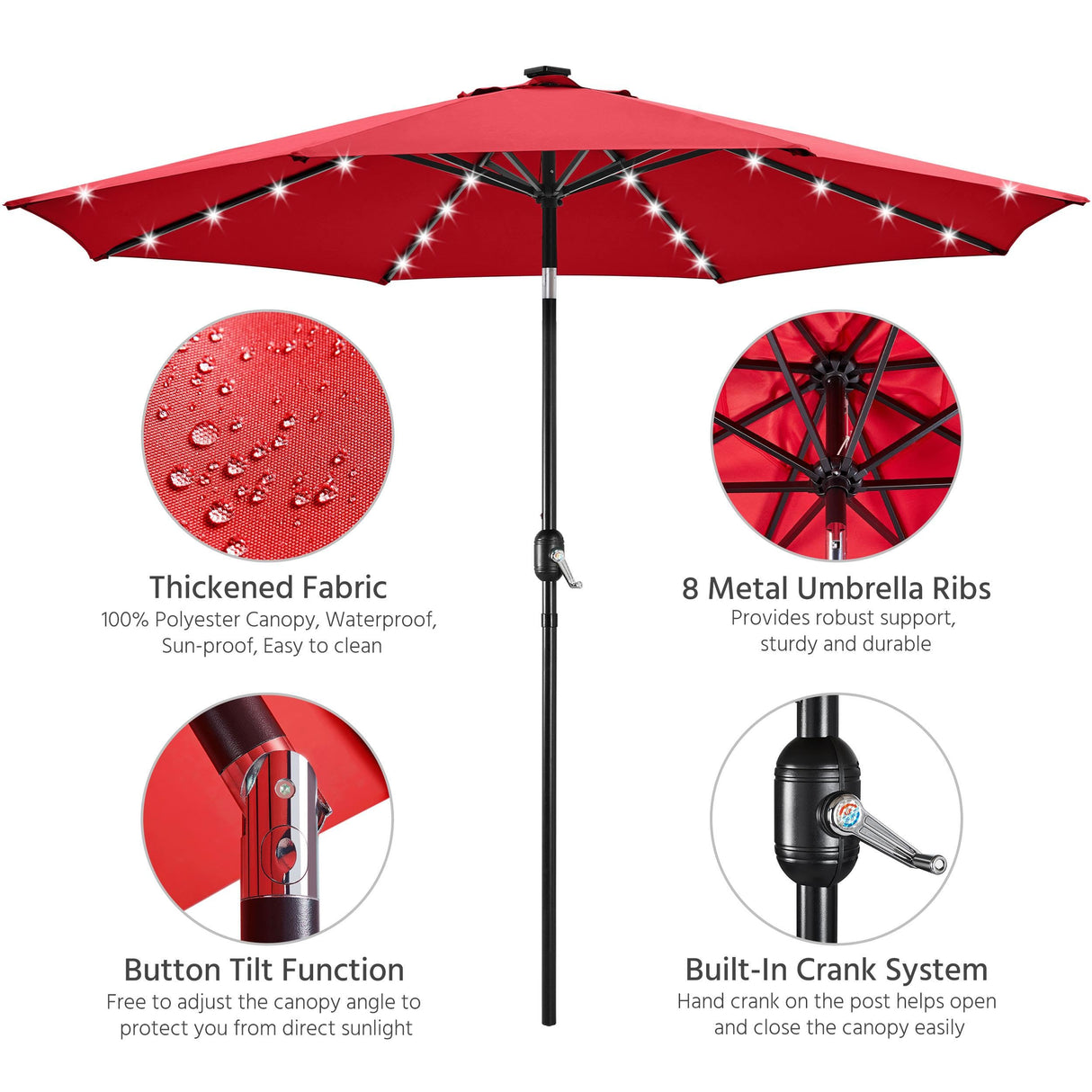 Yaheetech 10FT Solar Powered Patio Umbrella - UV Protection Market Table Umbrella w/ 32 LED Lights & Push Button Tilt & Crank Lift System for Garden/Lawn/Deck/Backyard/Pool,Red Yaheetech