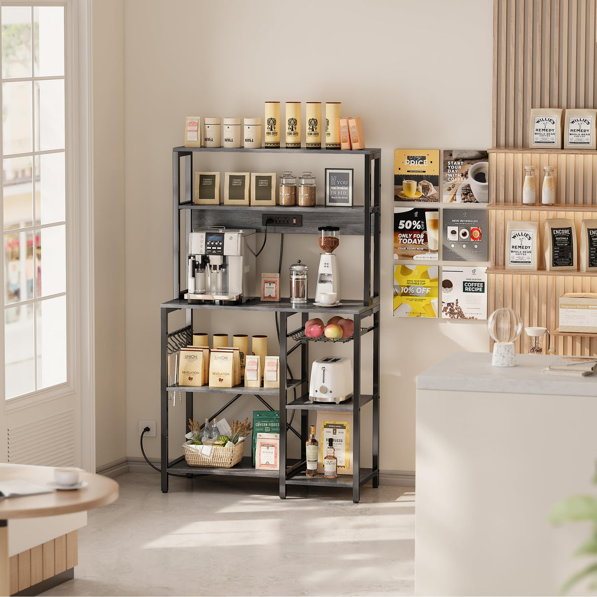 SUPERJARE Bakers Rack with Power Outlet, 35.4 Inches Coffee Bar with Wire Basket, Kitchen Microwave Stand with 6 S-Shaped Hooks, Open Storage Shelves, Charcoal Gray SUPERJARE