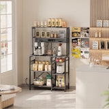 SUPERJARE Bakers Rack with Power Outlet, 35.4 Inches Coffee Bar with Wire Basket, Kitchen Microwave Stand with 6 S-Shaped Hooks, Open Storage Shelves, Charcoal Gray SUPERJARE