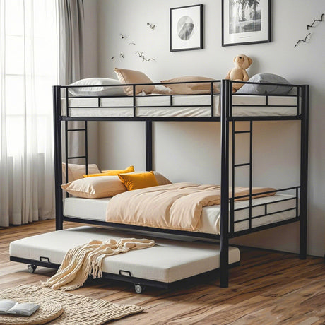 ZMIZAKOY Heavy Duty Full Over Full Bunk Bed with Trundle for Kids Adults Teens, Metal Bunk Bed with Sturdy Guard Rail & 2 Side Ladders, Convertible Bunkbed, No Box Spring Needed (Black) ZMIZAKOY