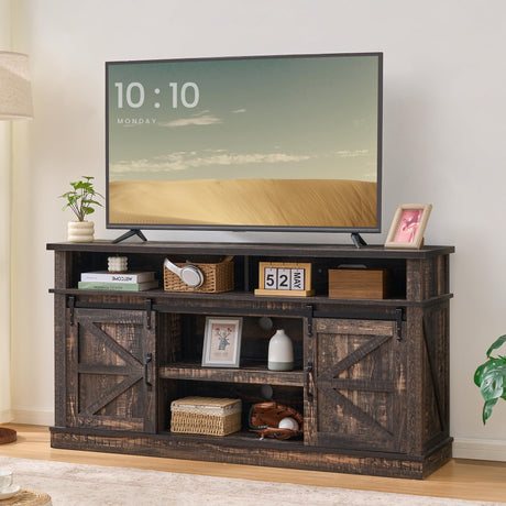 KBCLN Rustic Brown TV Stand for 65 Inch TVs, Sliding Barn Door Farmhouse Entertainment Center, Adjustable Shelves Media Console Table for Living Room KBCLN