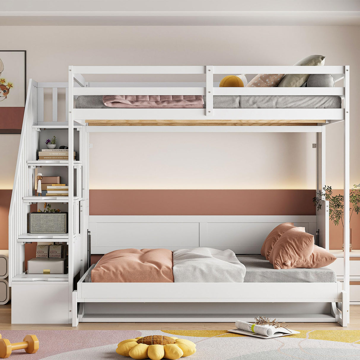 Merax Full Over Full Size Murphy Bed with Hydraulic Lift and Built-in Desk, Space-Saving Wall Bed with Desk Design, Ideal for Home Office, Small Rooms, or Apartments, White Merax