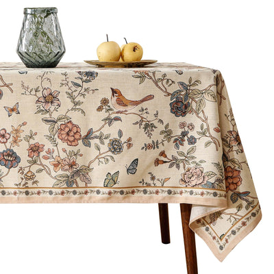 ISAENNE French Tablecloth for Rectangle Tables,Linen Table Cloth with Flowers and Birds Pattern,Heavy Durable Table Cover for Dining Thanksgiving Kitchen Decor Party Banquet Christmas,67"*118"