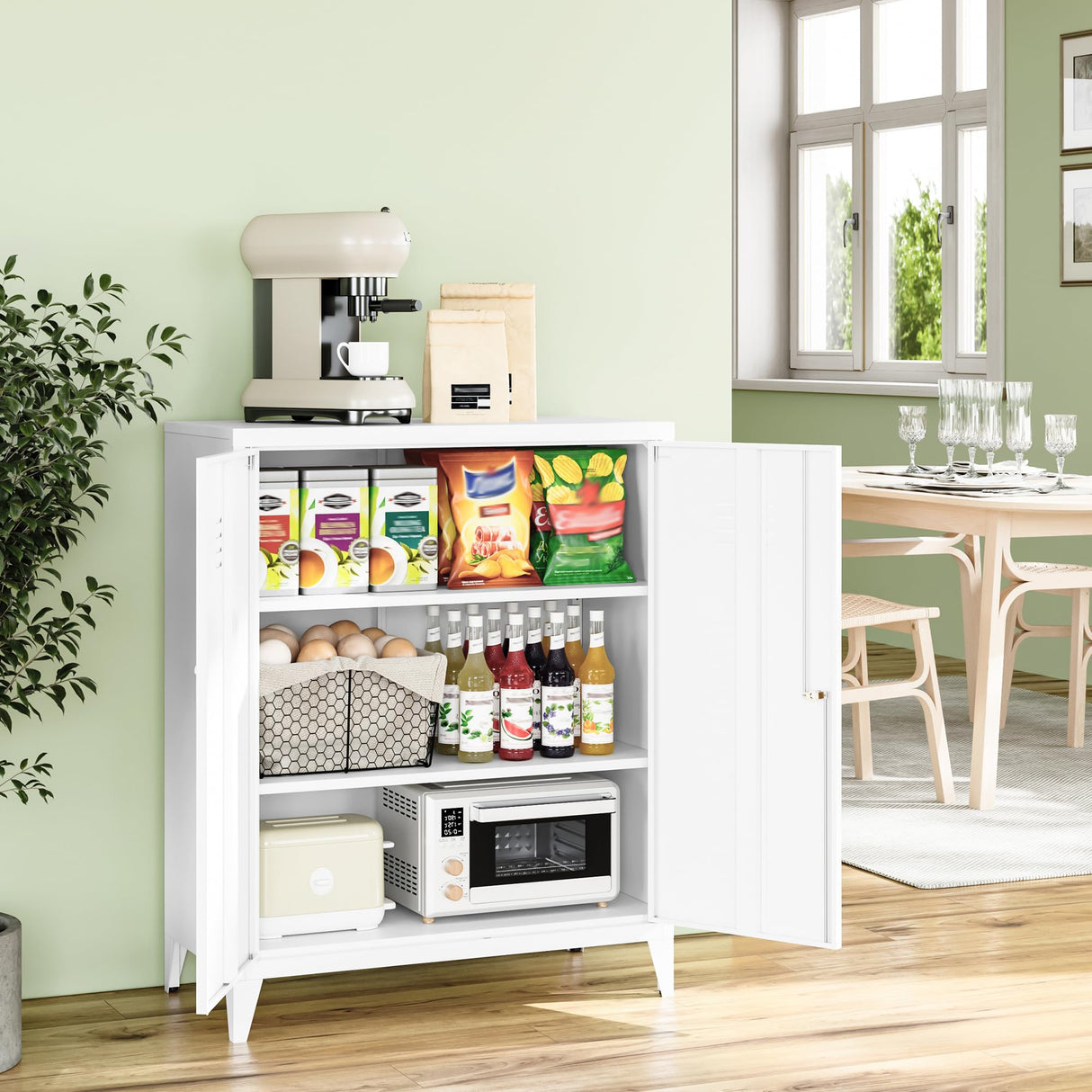 RAVIGIN Metal Storage Cabinet with Locking Feature, 2 Adjustable Shelves, 40" Small Cabinet for Home Office, School, Kitchen, Garage, Gym (White) RAVIGIN