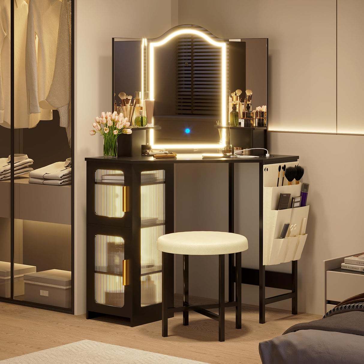 LVSOMT Corner Vanity Desk with Mirror and Lights, Makeup Vanity with Charging Station, Dressing Table with 3 Lighting Options, Vanity Set with Stool, Women’s Vanity for Bedroom, Black LVSOMT