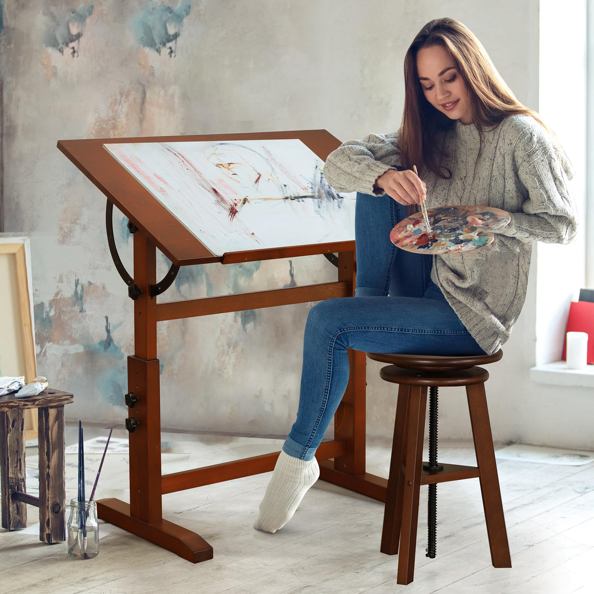 VISWIN Wood Drafting Table for Adults, 24'' x 35" Drawing Table with Adjustable Height & Angle for Art Studio, Solid Pine Wood Artist Desk for Drawing, Drafting, Writing, Reading, Sketching VISWIN