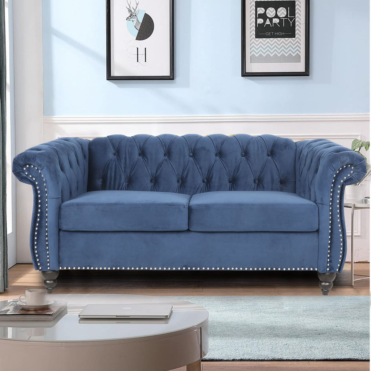 LEVNARY Velvet Sofa, Chesterfield Tufted Upholstered 2 Seater Couch, Modern Loveseat Couch Classic Furniture for Living Room Bedroom (Blue) LEVNARY