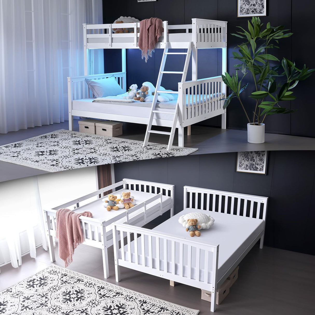 VINGLI Bunk Bed Twin Over Full Size with 15 inches Extra Tall Guardrail/LED Light/Charging Station, Convertible Solid Wood Space-Saving Bed for Small Space, Heavy Duty Wood Slats Support, White VINGLI