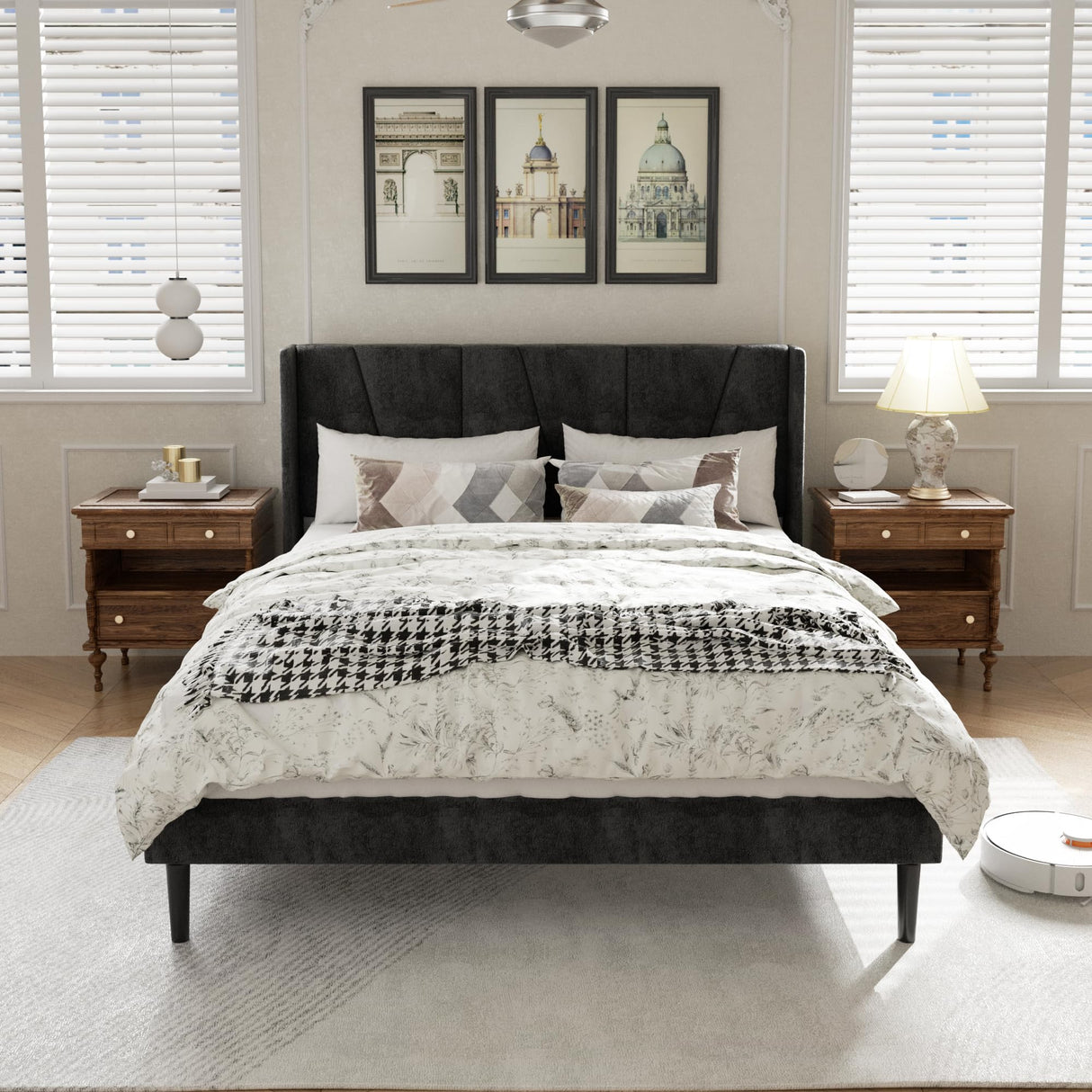 HAOARA Queen Size Bed Frame with Headboard, Velvet Upholstered Platform Bed Frames, Contemporary Mattress Foundation, Noise Free, No Box Spring Needed, Easy Assembly, Black HAOARA