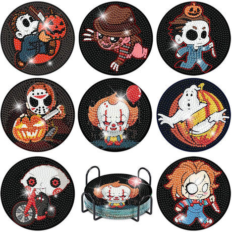 Canrichshop 8 Pcs Diamond Painting Coasters,Halloween Diamond Painting Kits,Horror Movies Diamond Art Coasters,5D Full Drill Diamond Dots,DIY Kits for Adults Arts and Crafts Supplies Canrichshop