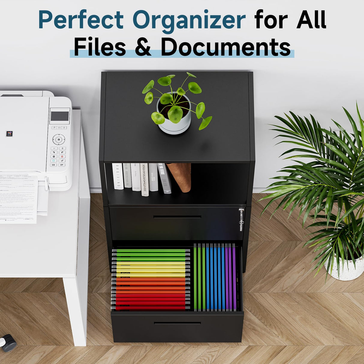 MIIIKO Office File Cabinet with 2 Drawers and Shelf, Metal Vertical Filing Cabinet with Lock, Lateral Two Drawers for Storage Letter/Legal Size File Folders, Top Shelf for Printer Stand MIIIKO