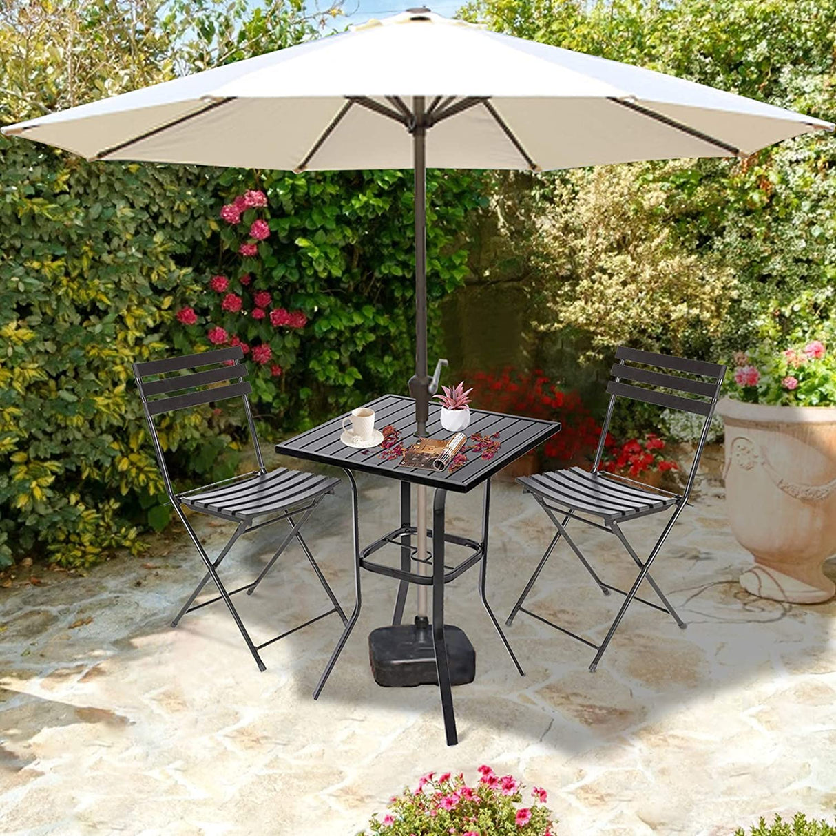 Oakcloud Patio Square Height Bar Table Outdoor Metal Frame Bistro Table with Umbrella Hole -39" Height Coating Old Craft,Rust and Weather Resistant,Classic Black Oakcloud