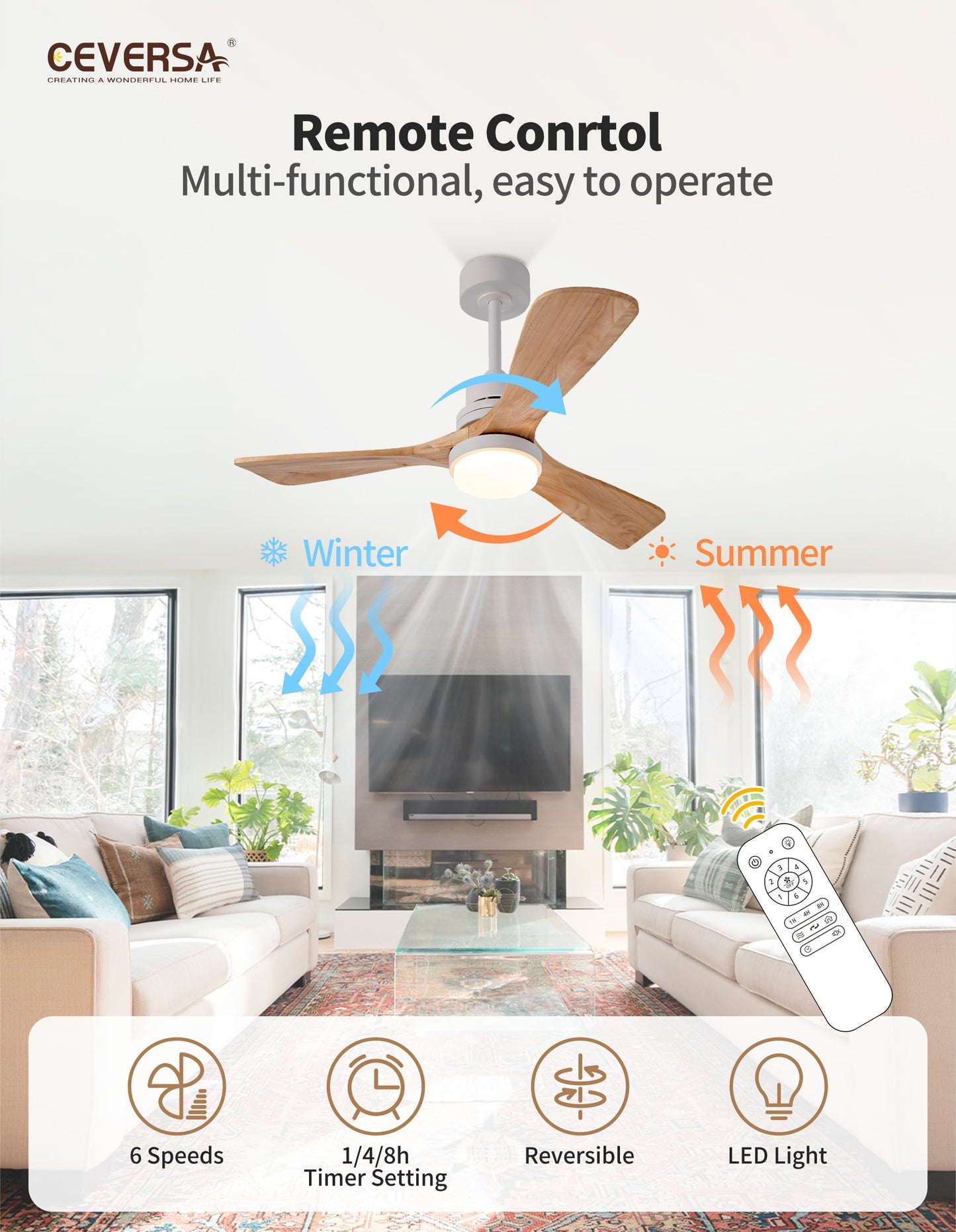 Ceversa 42 Inch Solid Wood Ceiling Fan with Light and Remote Control,3 Blades Real Natural Wooden Ceiling Fan Craftmade Quite for Living Room Bedroom Farmhouse Indoor Outdoor Office - WoodArtSupply