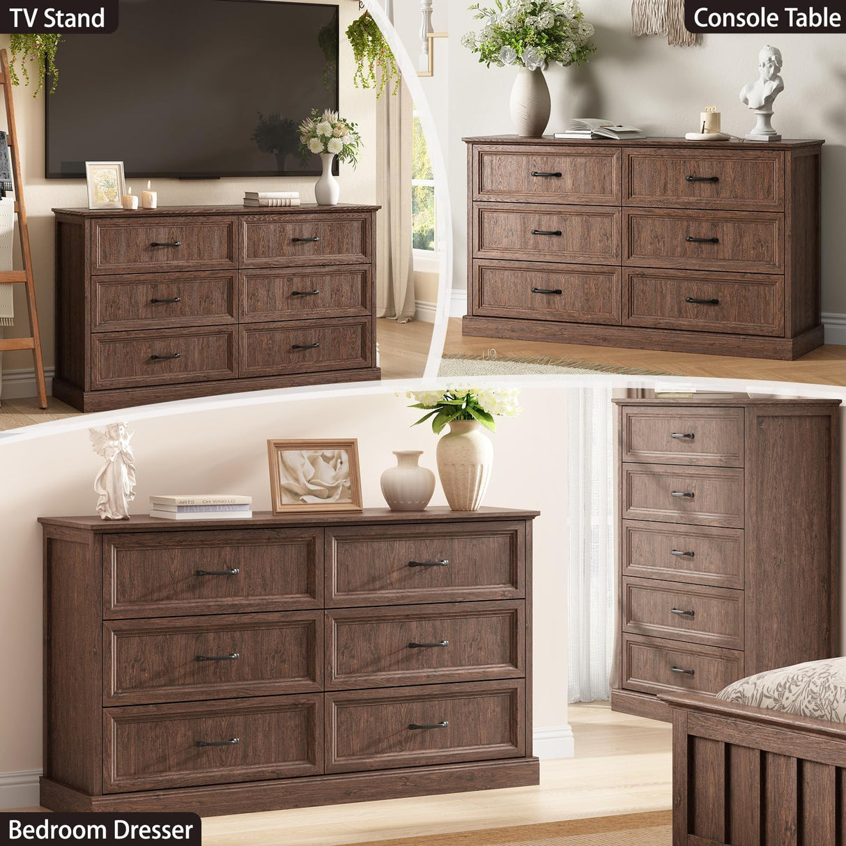 Farmhouse 6 Drawer Dresser for Bedroom, 55 Inch Wide Modern Brown Dresser TV Stand with Large Drawers & Bar Handles, Rustic Wood Chest of Drawers for Bedroom, Living Room, Hallway, Entryway. CARPETNAL