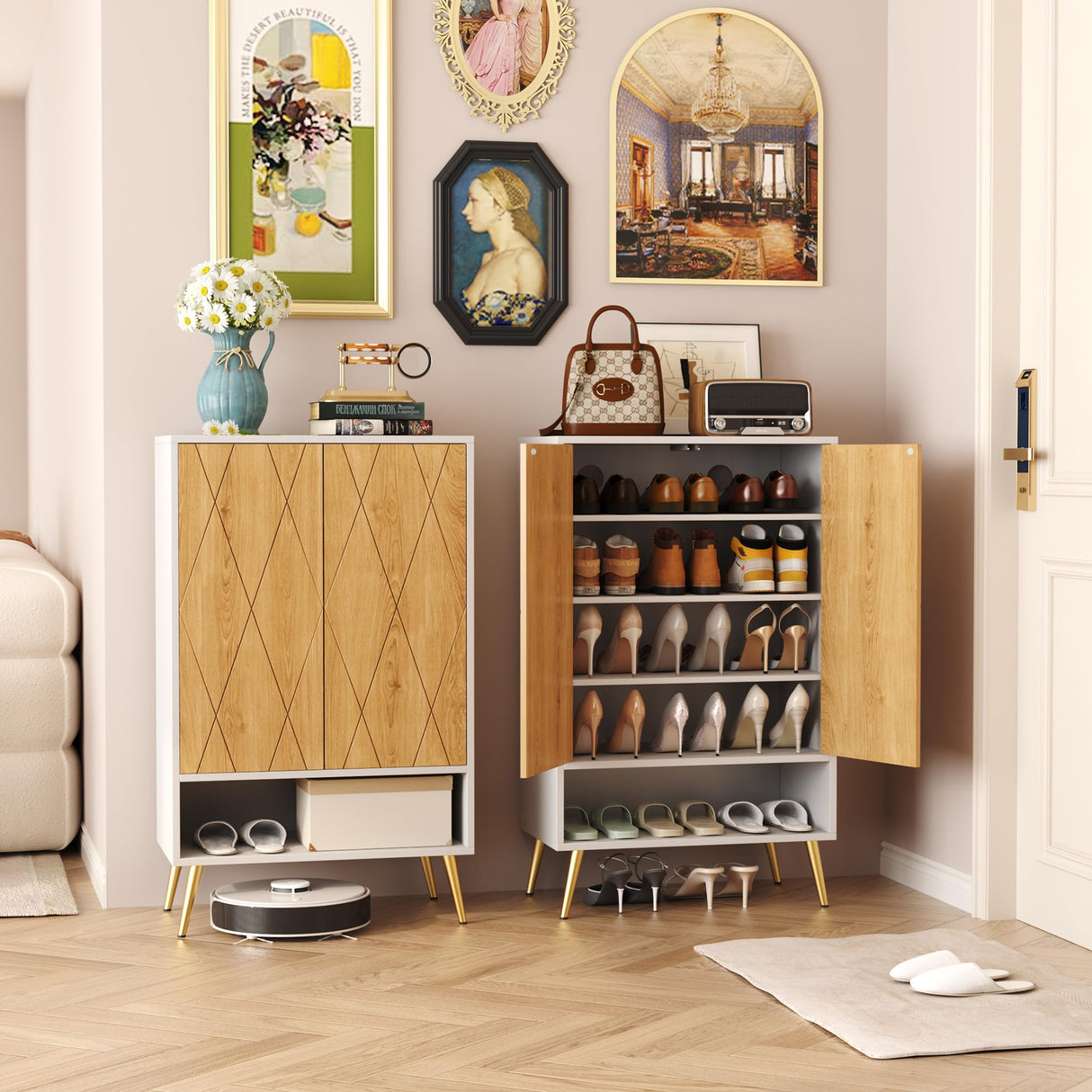 HOMEFORT Shoe Cabinet,15 Pairs Shoe Rack Organizer Cabinet, Shoe Storage Cabinet for Narrow Entryway Closet,6-Tier Modern Shoe Organizer with Double Doors and Adjustable Shelf (White Oak) HOMEFORT