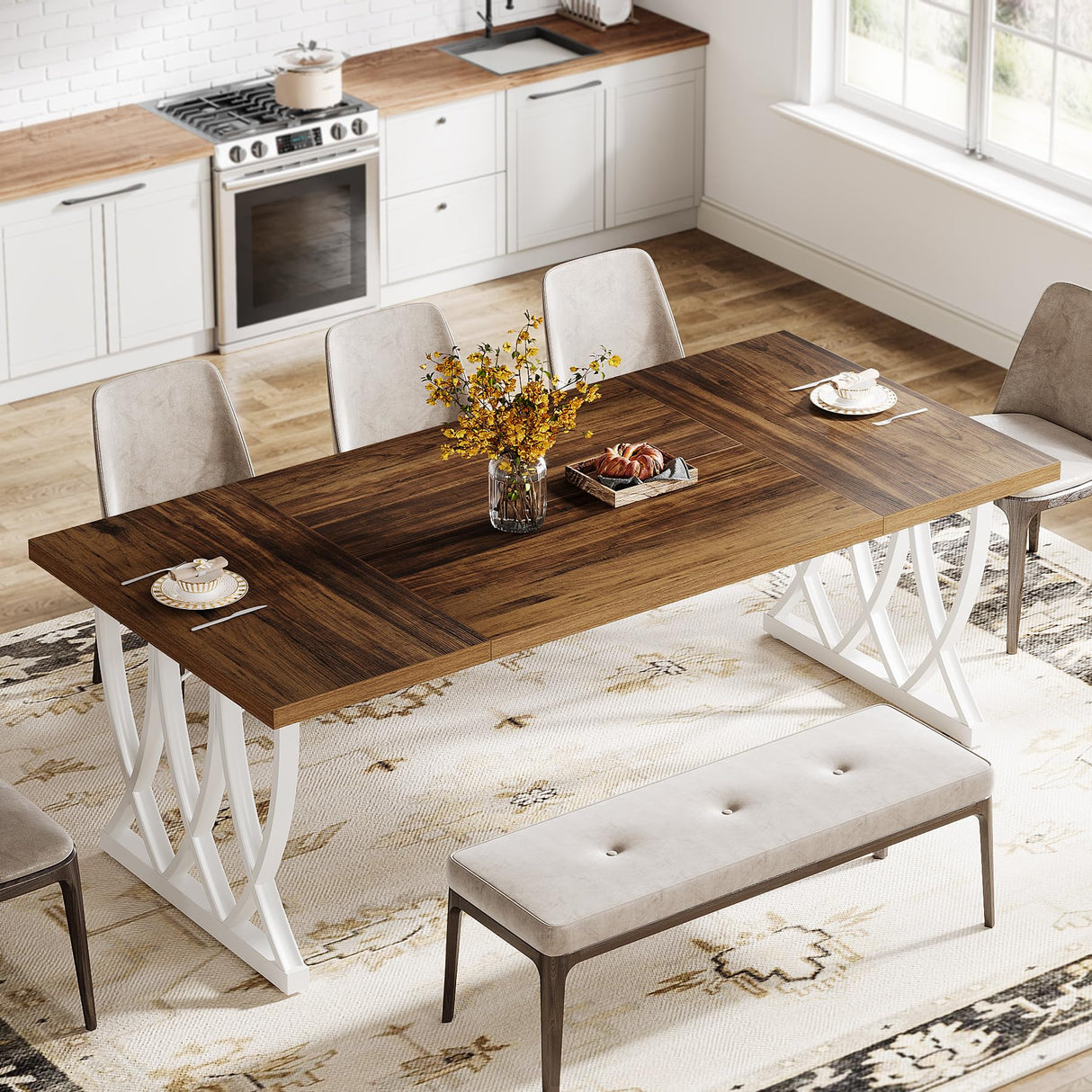 Tribesigns Dining Table for 6-8 People, 70.86-Inch Rectangle Wood Kitchen Table, Dinner Table with Heavy Duty Metal Frame for Kitchen, Living Room (Retro Brown & White, Without Chair) Tribesigns