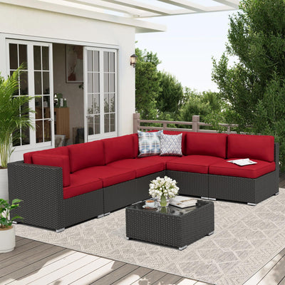 Oakcloud 7-Piece Outdoor Patio Furniture Sofa Set Black Rattan Wicker Sectional Conversation Sets with Glass Top Table and Cushions(Red)