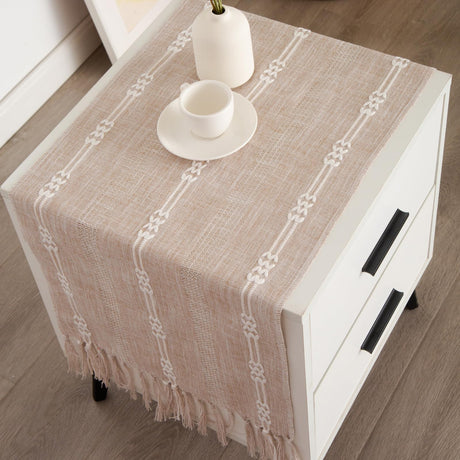 Hpxrom Rustic Small Linen Table Runner Farmhouse Burlap Boho Striped Table Runners Light Coffee Short Table Runner with Hand-Tassels for Dining Wedding Dresser and End Table Decor 14 x 36 Inches Hpxrom