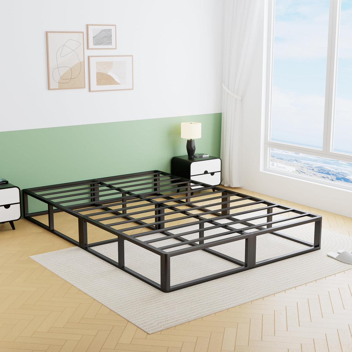 VIPSHOW 10 Inch Queen Metal Bed Frame Round Corner Low Platform Bed Frames 3000 LBS Heavy Duty Steel Slats Support Mattress Foundation No Box Spring Needed, Noise Free, Easy Assembly, Black VIPSHOW