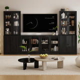 TUSY 4-Piece Large TV Stand with Bookshelves for TVs up to 75", TV Entertainment Center Media Center with Tempered Glass Doors and Shelves, TV Hutch for Living Room (Black) TUSY