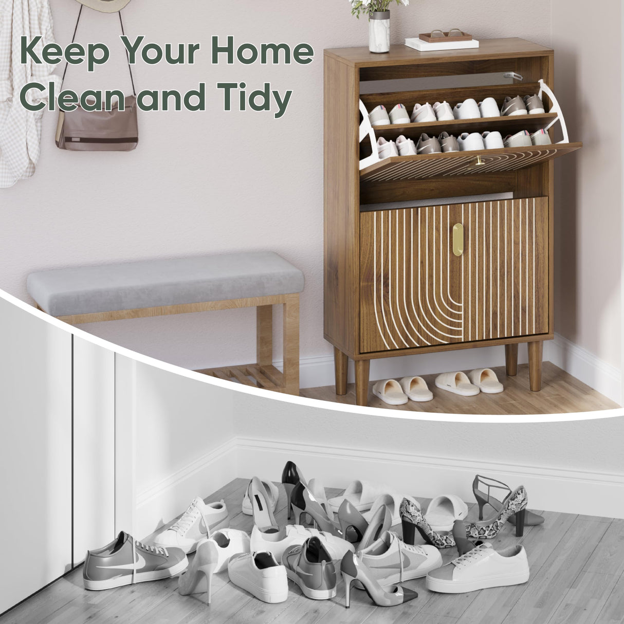 Smuxee Shoe Cabinet with 2 Flip Drawers, 23.6" Walnut Hidden Shoe Storage Cabinet with Line Groove Design, Freestanding Shoe Organizer Cabinet for Entryway, Hallway, Living Room Smuxee