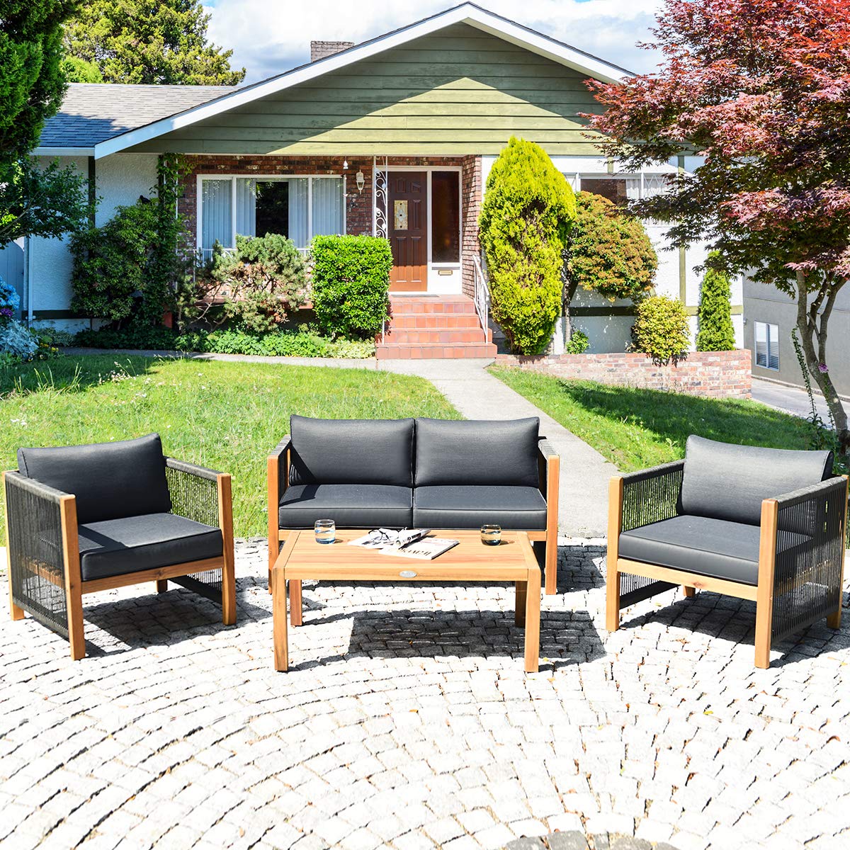 Tangkula Outdoor Wood Furniture Set, Acacia Frame Loveseat Sofa, 2 Single Chairs and Coffee Table, 4 Pieces Conversation Set with Cushions, Garden Balcony Poolside Living (1, Grey) - WoodArtSupply